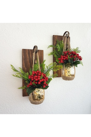 Duvar Dekoru, Led Işıklı, Kokina Yılbaşı Çiçeği, Ceviz Aplik İkili Set