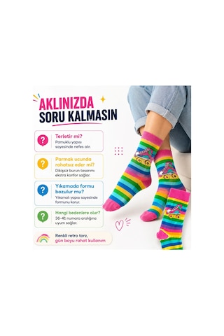 Çorap Giyim Gökkuşağı Çizgili Retro Paten Desenli Soket Çorap Pamuklu Dikişsiz Burun 36-40 Numara Uzun Konç Çok Renkli