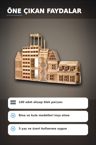 Ahşap Yapı Blokları 100 Parça 11x2,2x0,7 Cm Doğal Ve Boyalı Çocuk Gelişim Bx-313414