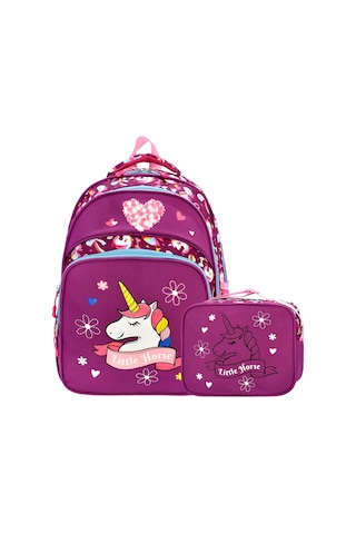 Yeni Sezon Ortopedik Unicorn Desenli Okul Çantası + Beslenme Çantası Seti Koyu Mor
