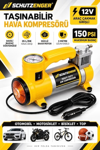 12v Araç Çakmak Girişli Taşınabilir Hava Kompresörü 150 Psı Göstergeli Ve Işıklı Lastik Şişirme Pompası Sarı