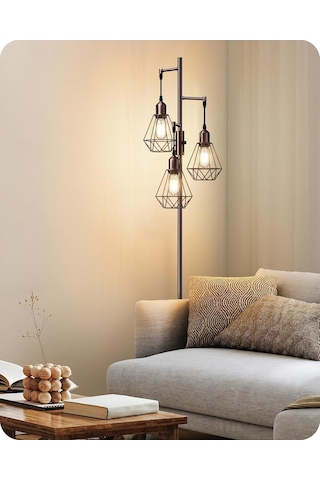 Edishine 3 Başlıklı Dimlenebilir Retro Ayaklı Lamba E27 Led, Kafes Şapkalı, 166 Cm Lambader Kahverengi Diğer