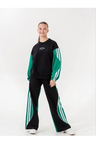 Kız Çocuk 2 İplik Şeritli Tasarım Eşofman Takım-14226 Siyah