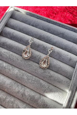 Gümüş Renk Düğün Nişan Kına Damla Taşlı Abiye Zirkon Taşlı Kadın Küpe Gümüş