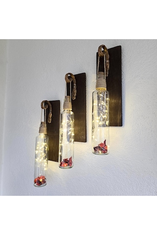 Led Işıklı, Ceviz Renkli Duvar Aplik, 3’Lü Set