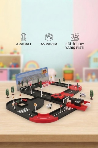 45 Parça 2 Taşıtlı Çek-bırak Fırlatıcılı Eğlenceli Yol Seti Dıy Oyuncak Turbo Yarış Pisti 1