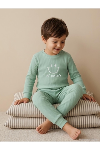 Minidamla Gülen Yüz Baskılı 1-6 Yaş Pijama Takımı - Yeşil Mint