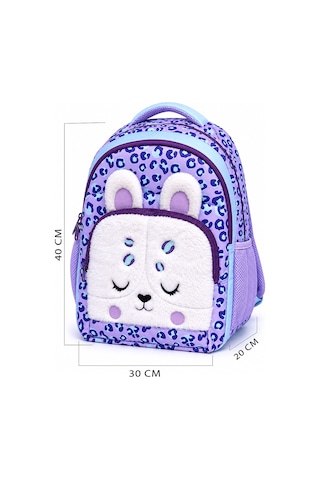 Denokids Kız Çocuk Okul Çantası Peluş Leopar Cepli 3 Bölmeli Su İtici Kumaş Çok Renkli