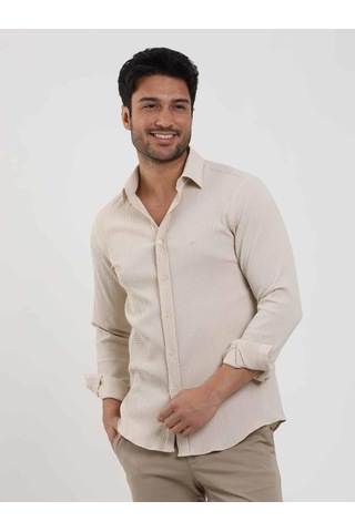 Dufy Bej Erkek Slim Fit Gofre Desenli Brent Yaka Uzun Kol Gömlek - 104810-bej Bej