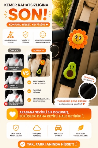 Çiçek Ve Avakadolu Siyah Emniyet Kemeri Aksesuarı - Emniyet Kemeri Kılıfı - Araç Emniyet Kemeri Omuz Koruyucu 1 Adet