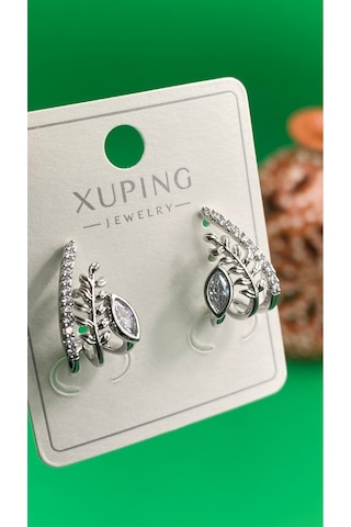 Xuping Gümüş Renk Yaprak Desenli Zirkon Taşlı 3 Lü Model Küpe Gümüş