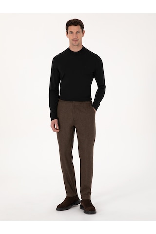 Cacharel Kahverengi Jogger Fit Beli Lastikli Yün Karışımlı Balık Sırtı Kanvas Pantolon