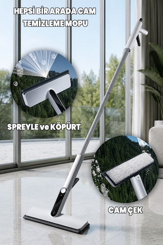 Spreyli Cam Mopu - Hepsi Bir Arada Cam Temizleyici - Köpürten, Spreyli Ve Cam Çekli - İki Tetikli - İster Elde İster Sapı İle Beyaz
