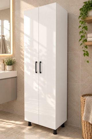 Derin Ayaklı 8 Raflı 2 Kapaklı Çok Amaçlı Mutfak Dolabı Ayaklı Banyo Dolabı Çok Amaçlı Dolap Beyaz