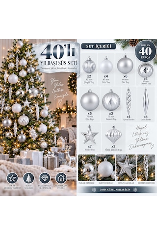 40 Parça Gümüş Yılbaşı Ağacı Süs Seti 40/60/70 Mm Toplar, Yıldız Ve Sarkıt Süsler 3 CM