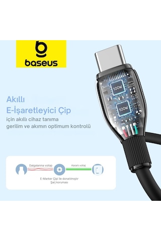 Baseus Mega Hızlı 1.2mt 100w Type-c To Type C Şarj Kablosu, Akım Ve Isı Korumalı Type C Kablo, Pc, Tablet, Telefon