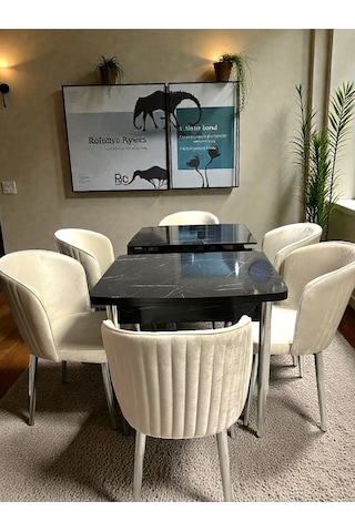 Msy Home 6 Kişilik Exclusive Kelebek Black Marble Krom Ayaklı Modern Yemek Odası Grubu 84512 Bej