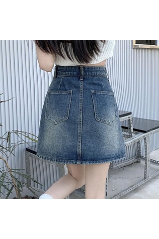 Spice Girls A-kesim Denim Etek Kadın Yaz Yırtmaçlı Cepli Yüksek Bel Kalça Saran Yarım Boy Vintage Etek Mavi