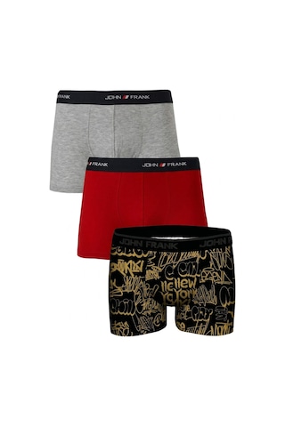 John Frank Logolu Pamuklu 3'lü Paket Boxer Erkek Boxer Jfbs3 Gri-kırmızı-ssarı