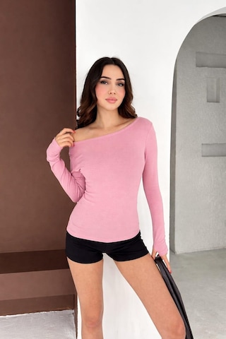 Elaxi Kadın Kayık Yaka Parmak Geçmeli Uzun Kollu Full Likralı Pamuk Viskon Buzzy Body Tişort Pembe