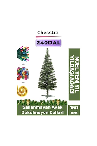 Kutulu Ayaklı Süsleme Seti Yılbaşı Çam Ağacı Renkli Işığı Yeni Yıl Süsleri Noel Paket 150 Cm 240 Dal Standart