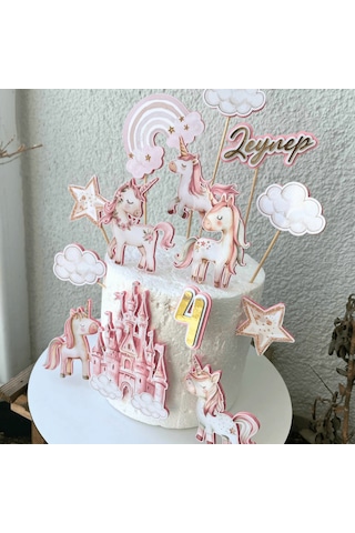 Unicorn Temalı Kız Çocuk Doğum Günü İsme Özel 3d Pasta Süsü Seti Cake Topper Çocuk