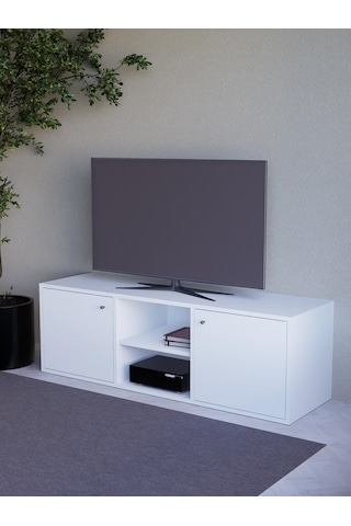 Detamob Beyaz Tv Ünitesi, 2 Kapaklı Raflı Tv Sehpası - 138cm Mdf Beyaz