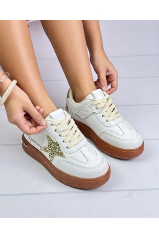Nstil Kız Çocuk Simli Yıldız Detaylı Sneaker Bağcıklı Günlük Spor Ayakkabı 5006 - Beyaz