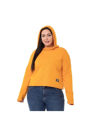 Büyük Beden Kapüşonlu Düşük Kollu Pis Dikişli Üç İplik Hardal Sweatshirt-hardal Hardal