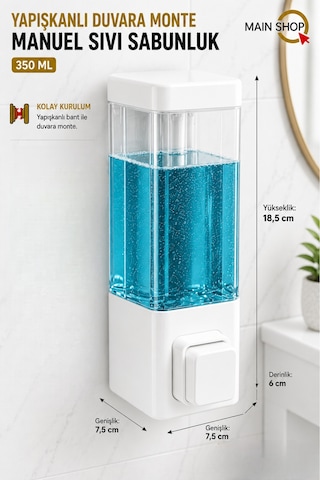 Mainshop 1 Adet Yapışkanlı Duvara Monte Banyo Ve Mutfak Manuel Sıvı Sabunluk 350 Ml Doldurulabilir M-53 Beyaz