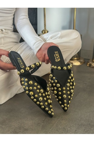 Erva'nın Butiği Siyah Cilt Maria Gold Droplu Kadın Terlik-5468