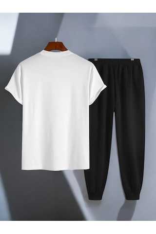 Uyguntarz Unisex W Yazı Tasarım Basklı Tshirt Eşofman Takımı Beyaz