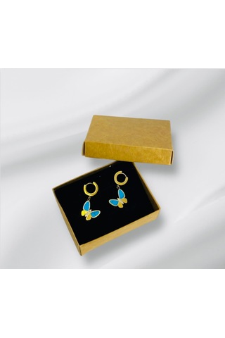 1001 Aksesuar Kelebek Model Turkuaz Ve Gold Renkli Çelik Küpe