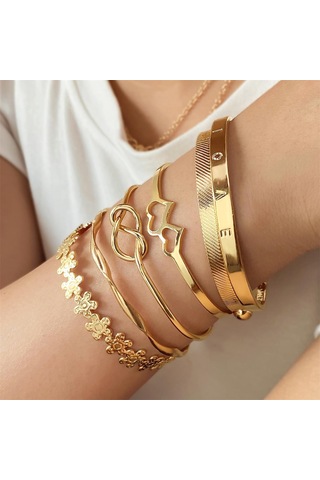 Fosenze Altın Renkli, Ayarı Uçan, Çok Katlı Stackable Bilezik Seti 6 Adet - Kalp, Düğüm, Çiçek Ve "love" Desenleriyle Zengin Tasarım Altın