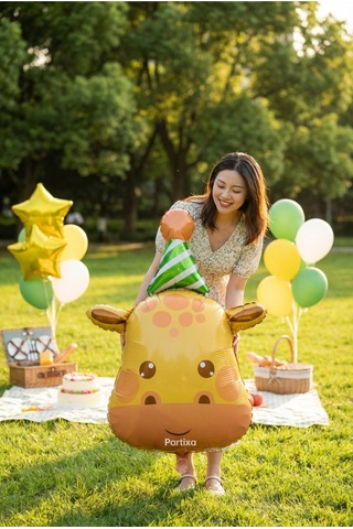 Şapkalı Safari Zürafa Kafa Folyo Balon 80x56 Cm Safari Temalı Çocuk Doğum Günü Parti Süsü Çok Renkli