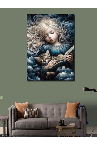 Kanvas Tablo Kitap Okuyan Kız Ve Kedi 70cmx100cm