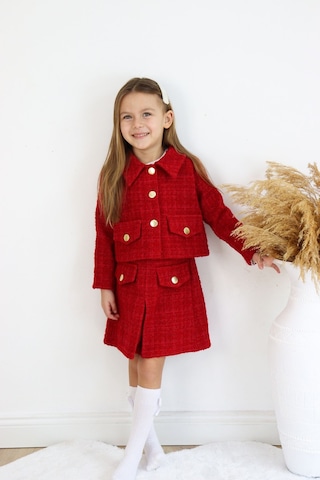 Kız Çocuk Carmen Kırmızı Tüvit Uzun Kollu Düğmeli Etek Ceket Takım Kırmızı
