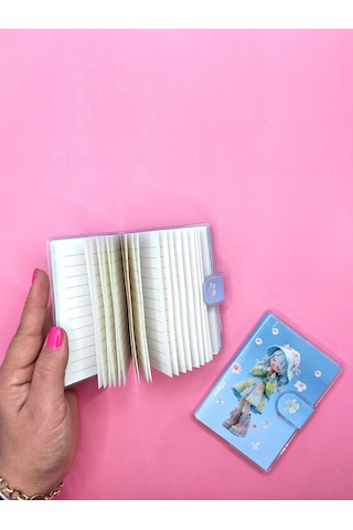 Çiçekli Kız A7 Not Defteri , Çıt Çıtlı Cep Defteri - Mavi