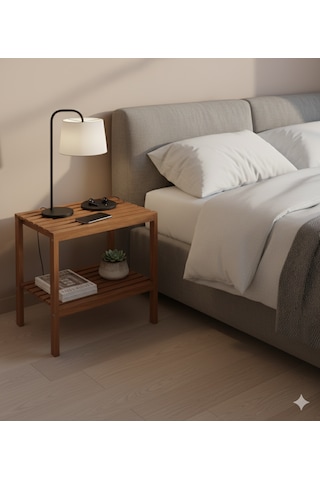 Masif Ahşap İki Raflı Komodin, Modern Yatak Odası Yan Sehpa Kahverengi