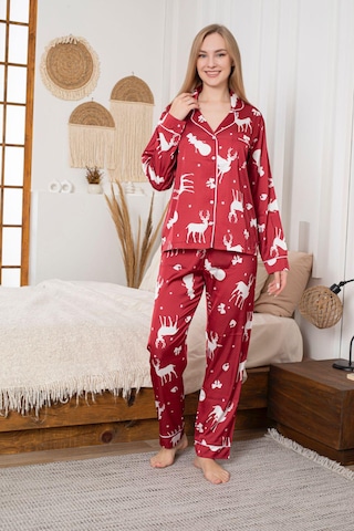 Lüks Saten Pijama Takımı Düğmeli, Cepli Ve Arabiyeli Kırmızı