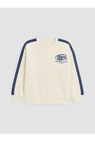 LC Waikiki Lcw Kids Bej Bisiklet Yaka Baskılı Erkek Çocuk Kalın Sweatshirt Lıght Beıge