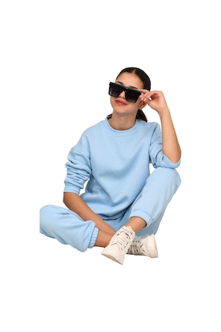 Erdem Kıds Kız Çocuk Paçası Lastikli 3 İplik Şardonlu İçi Pamuklu Basic Bisiklet Yaka Eşofman Takımı Bebe Mavisi Bebe Mavisi