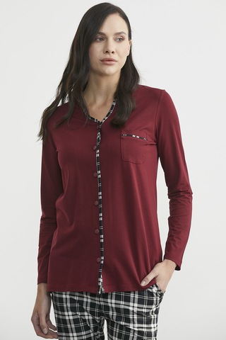 Ekose Kombinli Düğmeli Pijama Takım - Bordo Bordo
