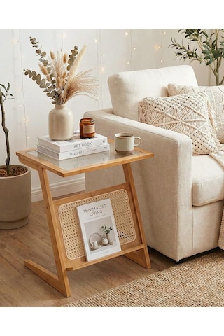 Doğal Bambu Hazeranlı Rattan Yan Sehpa Gazetelik Kitaplık Dergilik Kahverengi