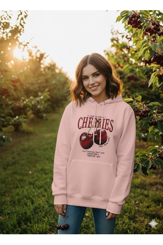 Chery Baskılı Pembe Kapüşonlu Sweatshirt Pembe