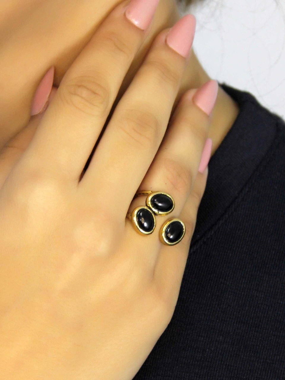 Doğal Taş Oniks Üçlü Doğal Taşlı Antik Model Kadın Ayarlanabillir Yüzük Euy76o Siyah