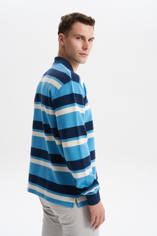 AR-MA Arma Erkek Ribanalı Büyük Beden Battal Boy Çizgili %100 Pamuk Ringel Ottoman Kumaş Polo Yaka Düğmeli Sweatshirt K30554801702 Mavi