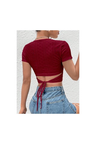 Hımmelduf Bordo Belden Bağlamalı Kısa Kollu Crop Bluz Bordo