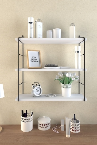 Eva Metal Tasarim Modern Büyük Boy 3 Katlı Duvar Rafı Beyaz