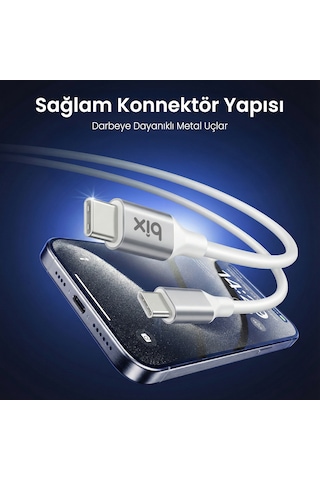 Bix Bx200cc 100w 5gbps Usb-c Hızlı Şarj Data Kablosu 2 Mt Beyaz Beyaz